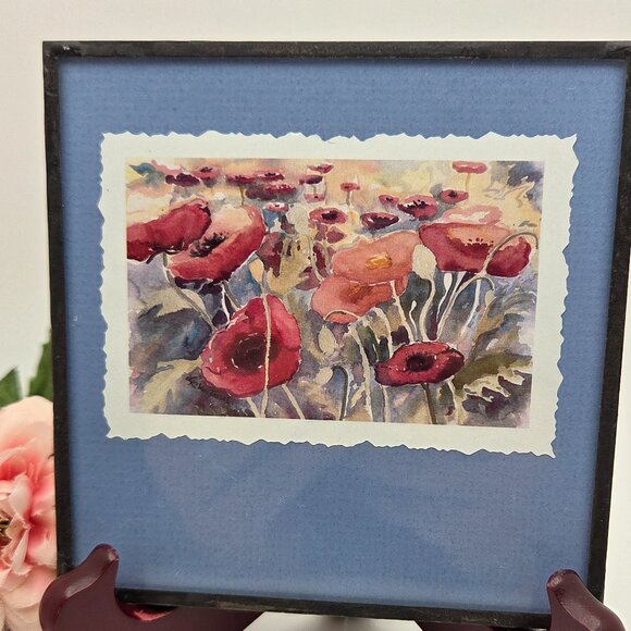 Small Framed Red Poppy Blooms Watercolor Print Floral Art - Picture 1 of 10
